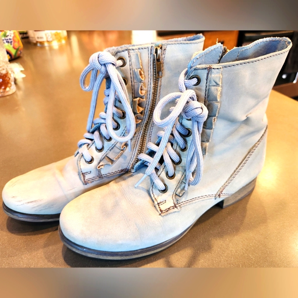 Betsey Johnson - Distressed Pale Blue Soft Leather "Granny" Style Boots